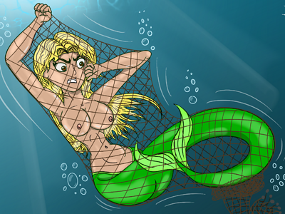 Sexy Mermaid Entangled in a Fishing Net