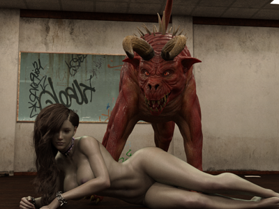 Demon dog with a girl in a classroom