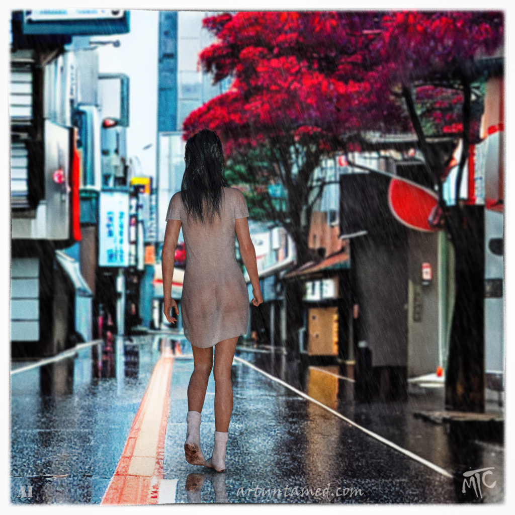 AI - a rainy street in Japan ultrarealistic, vibrant colors