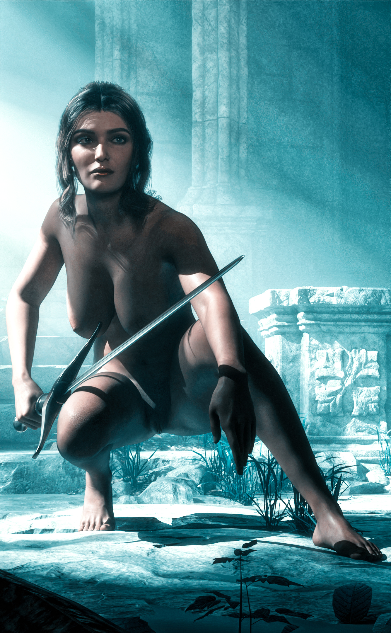 Naked Vicky in a Temple with a Sword
